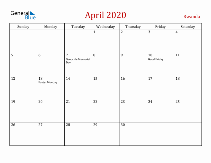 Rwanda April 2020 Calendar - Sunday Start
