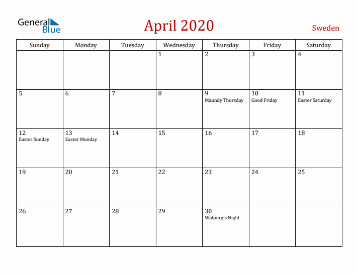 Sweden April 2020 Calendar - Sunday Start