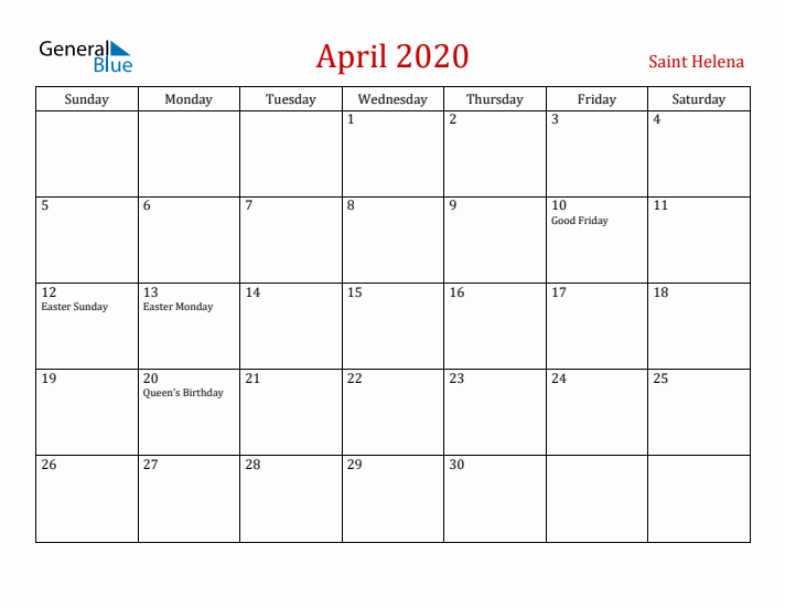 Saint Helena April 2020 Calendar - Sunday Start