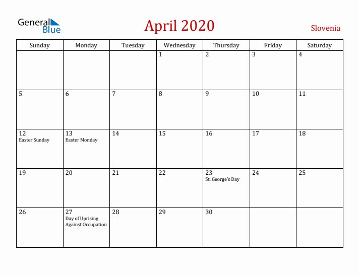 Slovenia April 2020 Calendar - Sunday Start