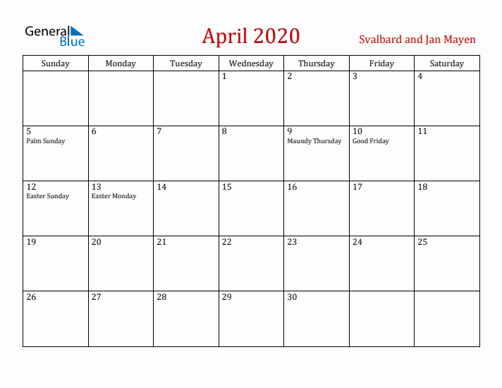 Svalbard and Jan Mayen April 2020 Calendar - Sunday Start