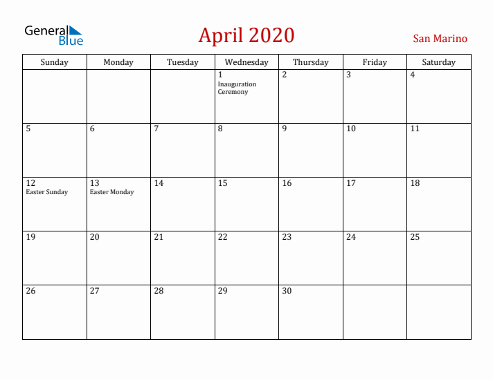 San Marino April 2020 Calendar - Sunday Start