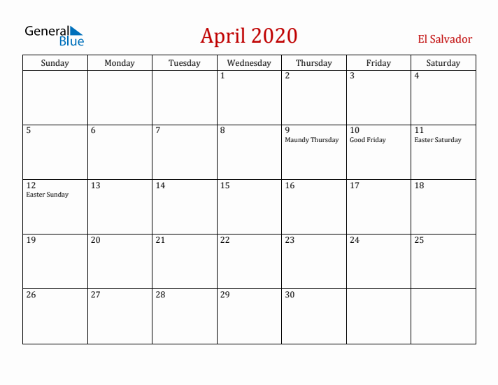 El Salvador April 2020 Calendar - Sunday Start