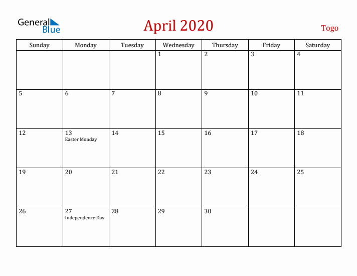 Togo April 2020 Calendar - Sunday Start