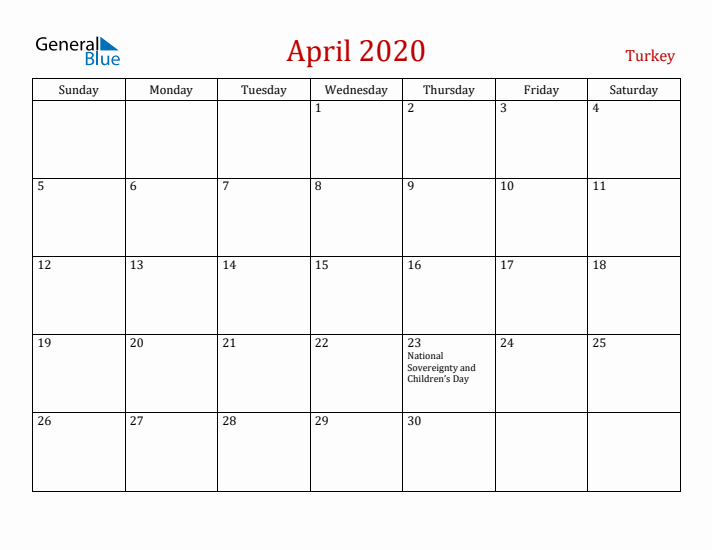Turkey April 2020 Calendar - Sunday Start