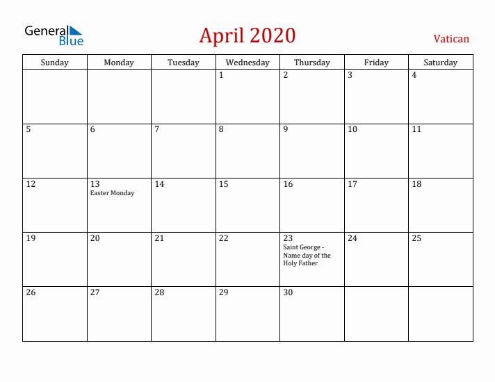 Vatican April 2020 Calendar - Sunday Start