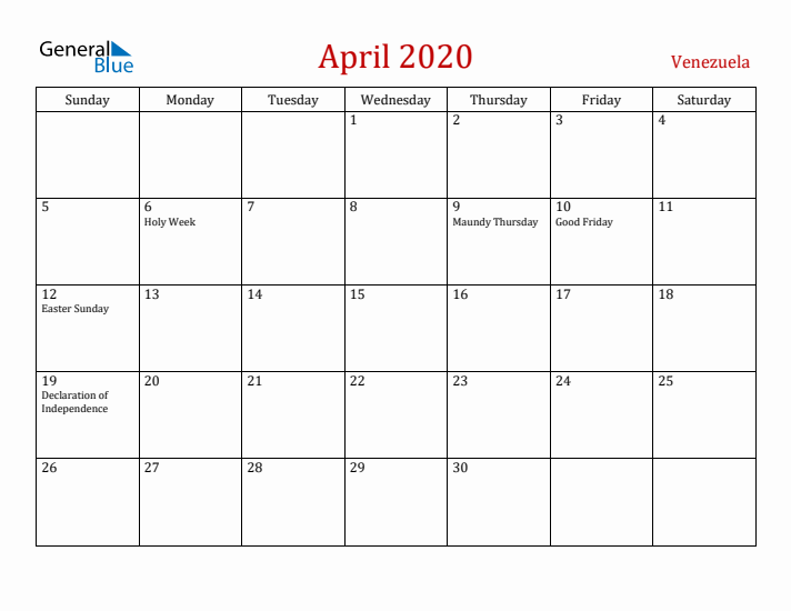 Venezuela April 2020 Calendar - Sunday Start