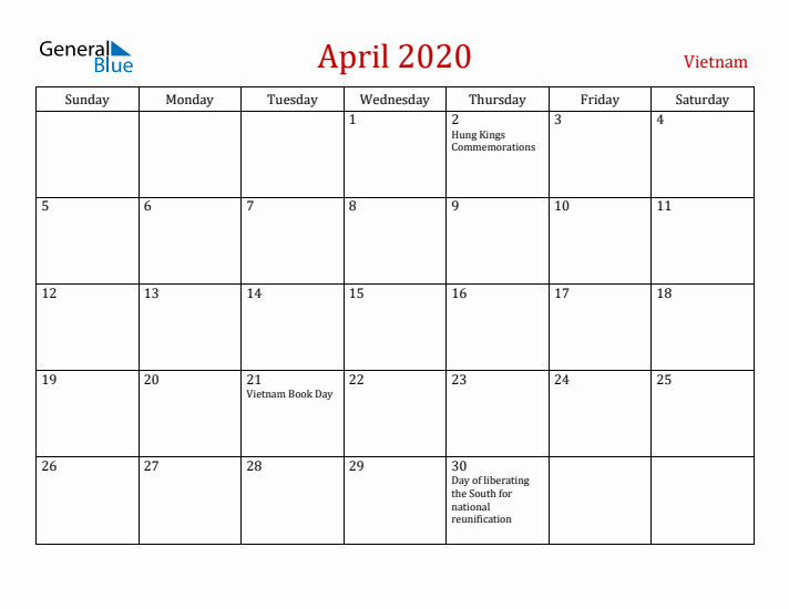 Vietnam April 2020 Calendar - Sunday Start