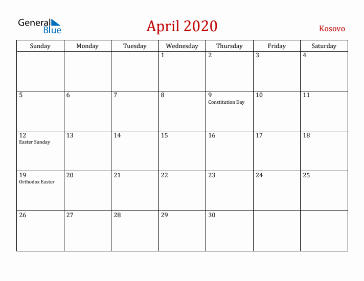 Kosovo April 2020 Calendar - Sunday Start