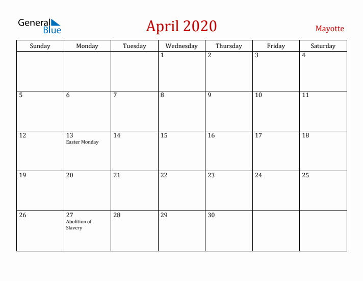 Mayotte April 2020 Calendar - Sunday Start