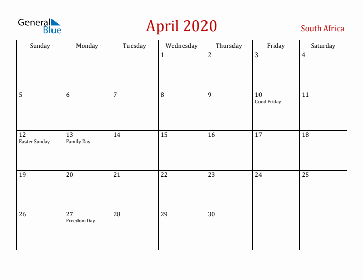 South Africa April 2020 Calendar - Sunday Start