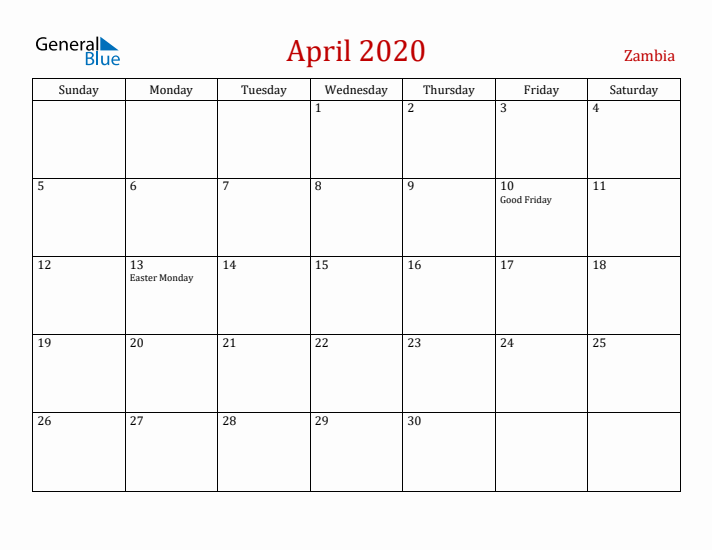 Zambia April 2020 Calendar - Sunday Start