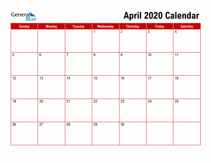 Simple Monthly Calendar - April 2020