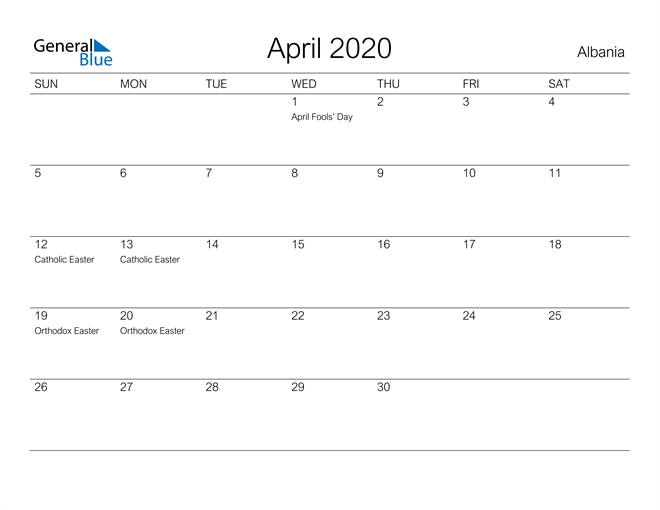Printable April 2020 Calendar for Albania