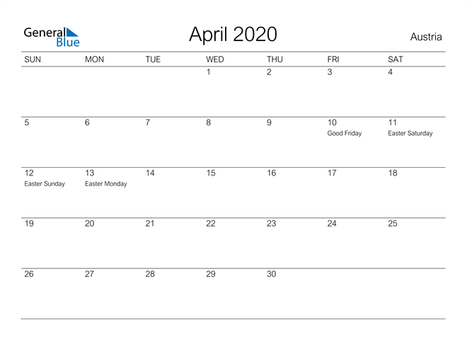 Printable April 2020 Calendar for Austria