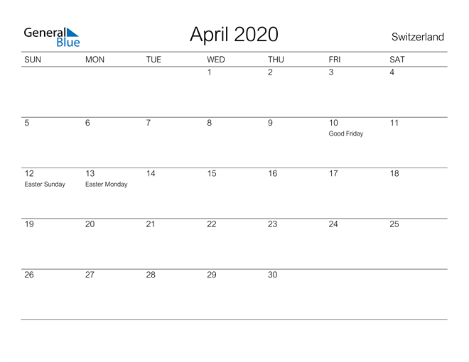 Printable April 2020 Calendar for Switzerland