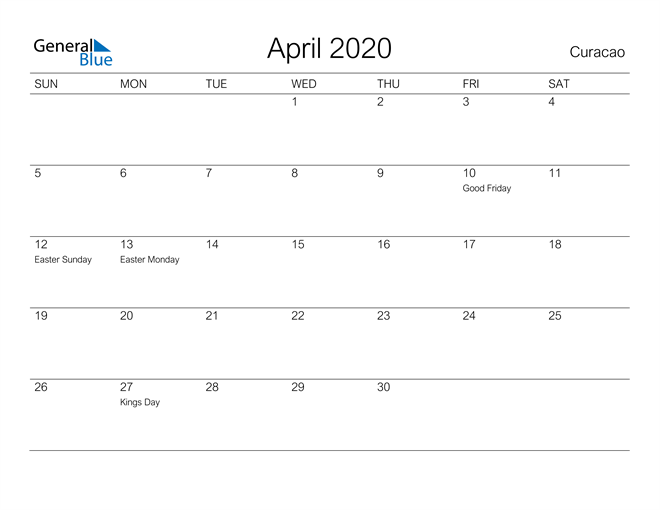 Printable April 2020 Calendar for Curacao