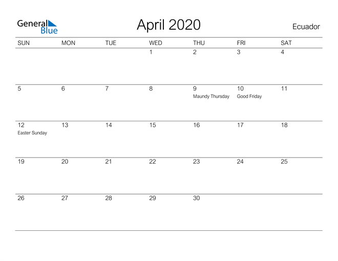 Printable April 2020 Calendar for Ecuador