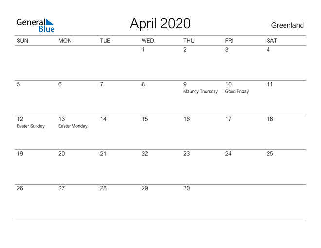 Printable April 2020 Calendar for Greenland