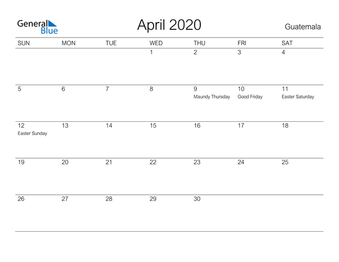 Printable April 2020 Calendar for Guatemala