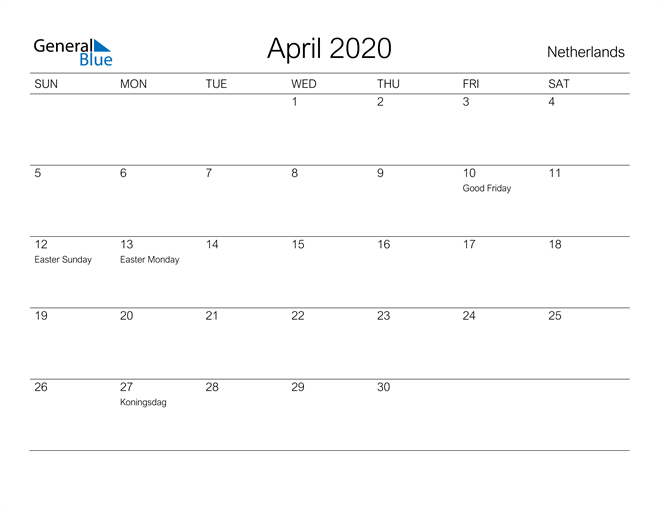 Printable April 2020 Calendar for Netherlands