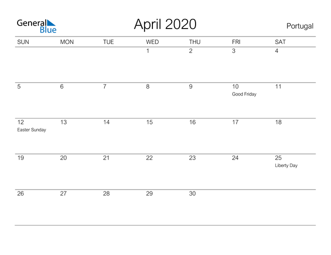 Printable April 2020 Calendar for Portugal