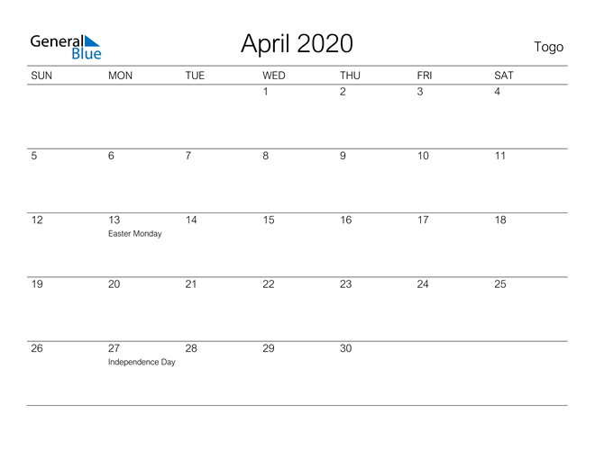 Printable April 2020 Calendar for Togo