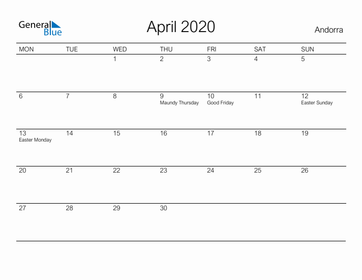 Printable April 2020 Calendar for Andorra