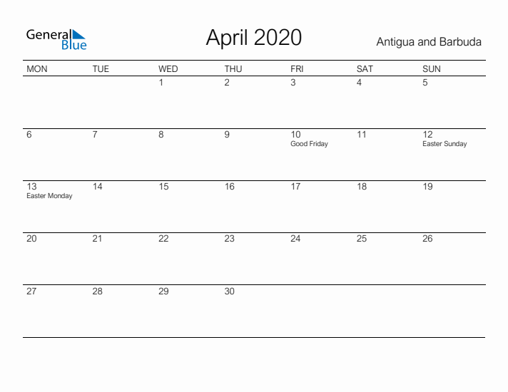Printable April 2020 Calendar for Antigua and Barbuda