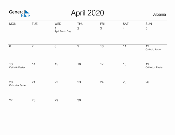 Printable April 2020 Calendar for Albania