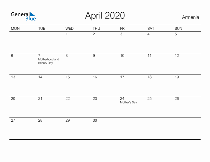 Printable April 2020 Calendar for Armenia