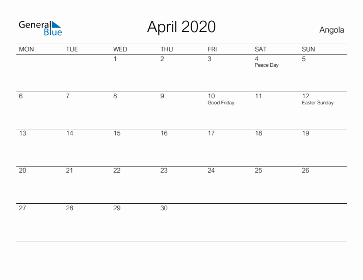 Printable April 2020 Calendar for Angola