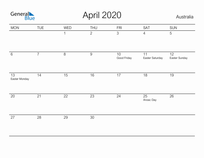 Printable April 2020 Calendar for Australia
