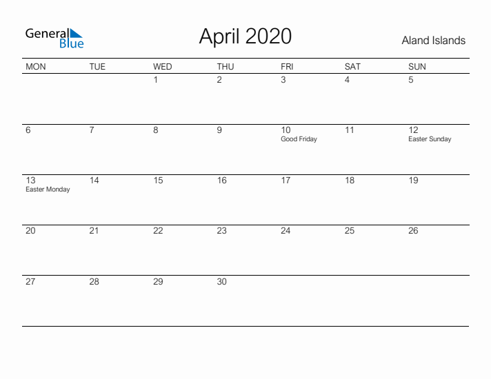 Printable April 2020 Calendar for Aland Islands