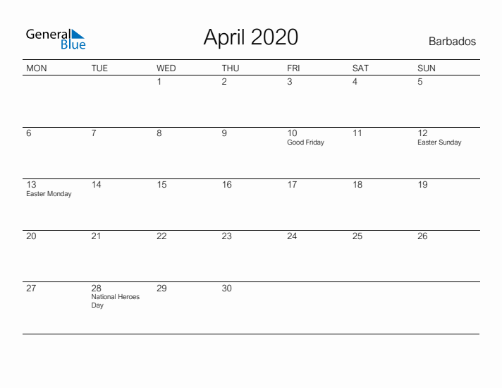 Printable April 2020 Calendar for Barbados