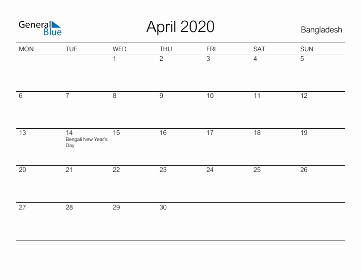 Printable April 2020 Calendar for Bangladesh