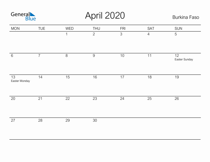 Printable April 2020 Calendar for Burkina Faso