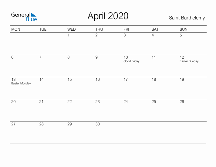 Printable April 2020 Calendar for Saint Barthelemy
