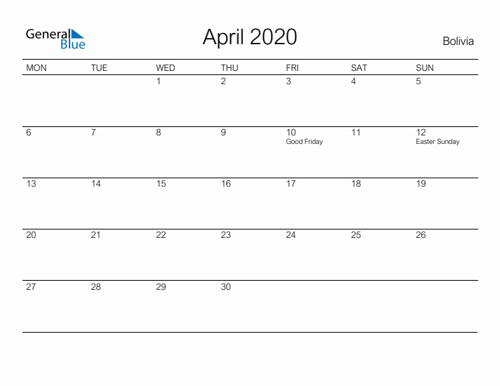 Printable April 2020 Calendar for Bolivia