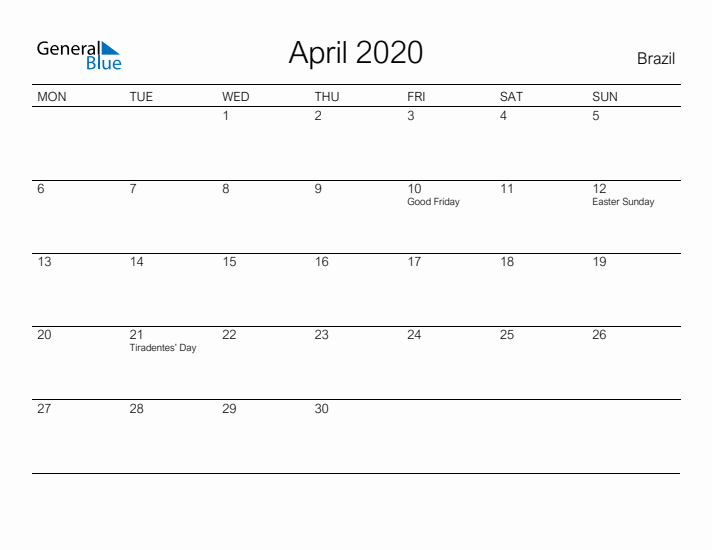 Printable April 2020 Calendar for Brazil