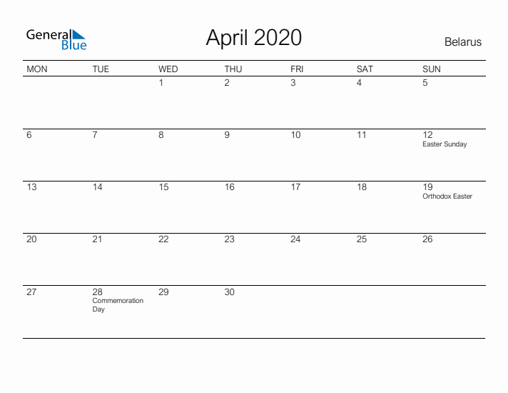 Printable April 2020 Calendar for Belarus