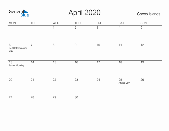 Printable April 2020 Calendar for Cocos Islands