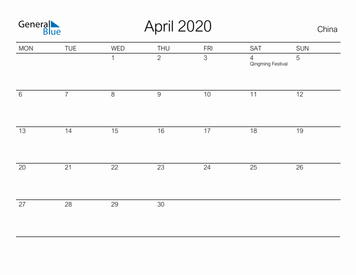 Printable April 2020 Calendar for China
