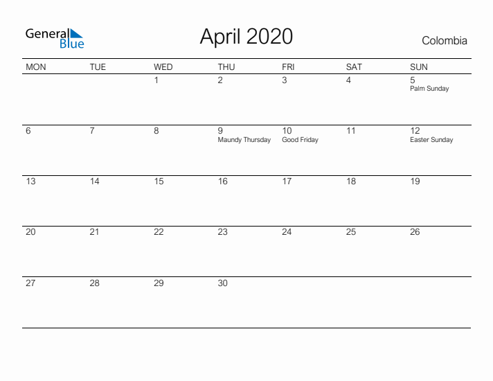 Printable April 2020 Calendar for Colombia
