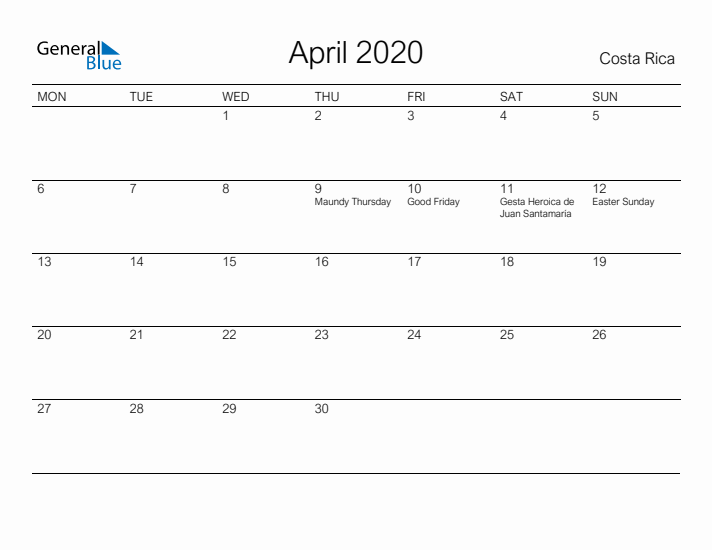 Printable April 2020 Calendar for Costa Rica