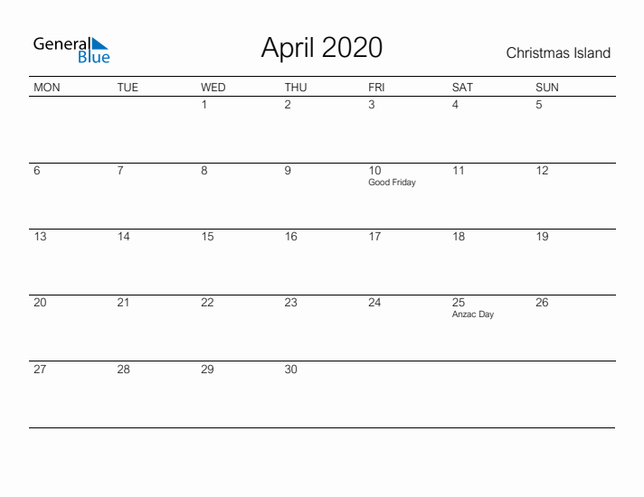Printable April 2020 Calendar for Christmas Island