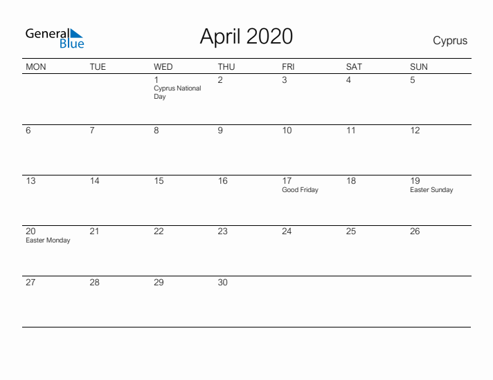 Printable April 2020 Calendar for Cyprus