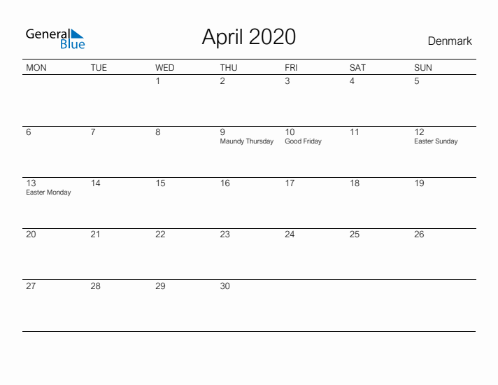 Printable April 2020 Calendar for Denmark