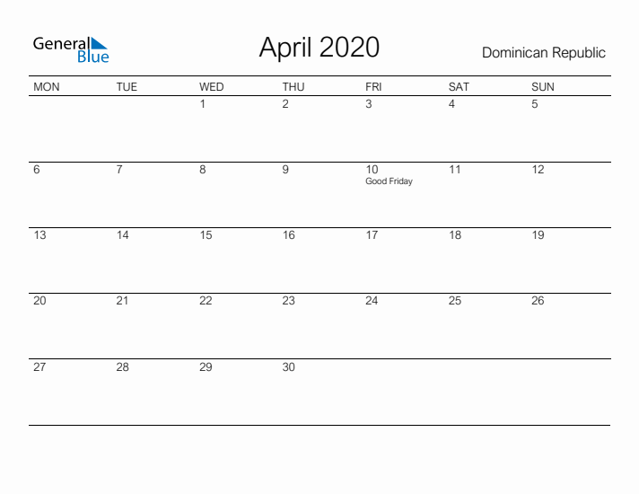 Printable April 2020 Calendar for Dominican Republic