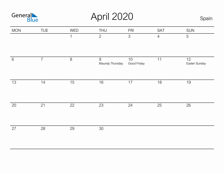 Printable April 2020 Calendar for Spain